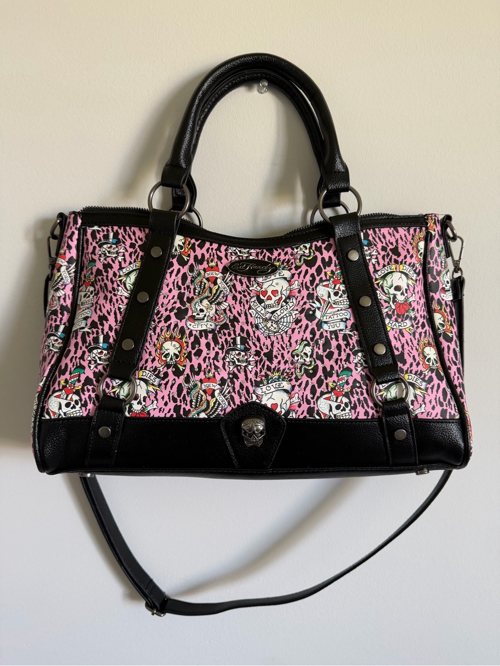 Ed Hardy Pink Leopard Skull-Print Shoulder Bag with Black Trim